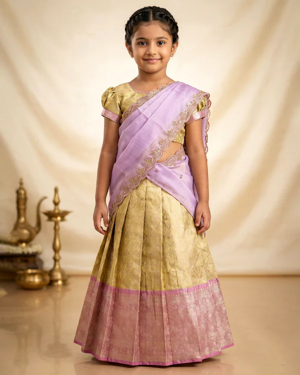 Traditional Girls Pavadai Dhavani Set with Zari Woven Diamond Pattern Skirt Brocade Border and Embroidered Lace Dupatta - Gold and Lavender